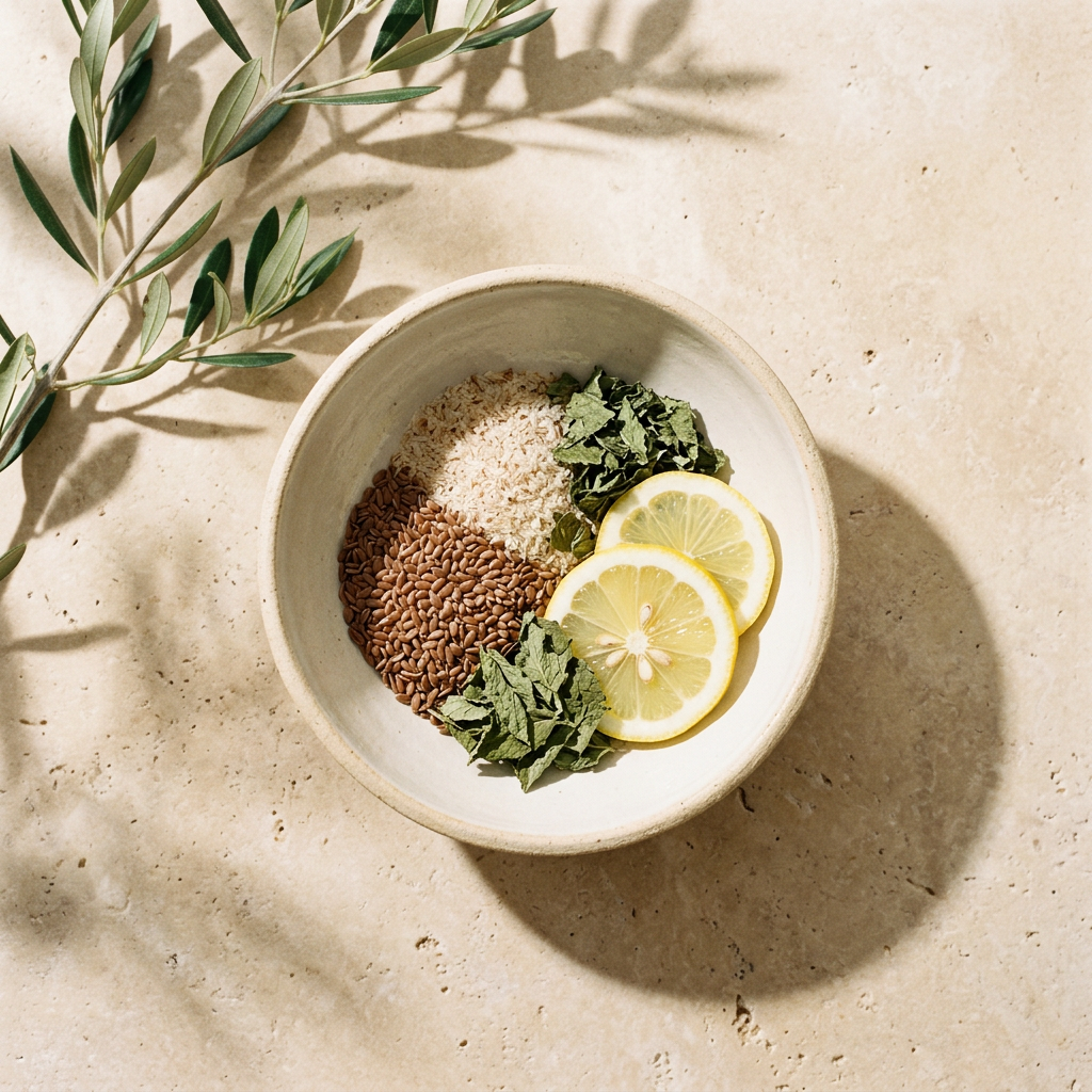 Natural ingredients including flax seeds and mint used in the Villora formula